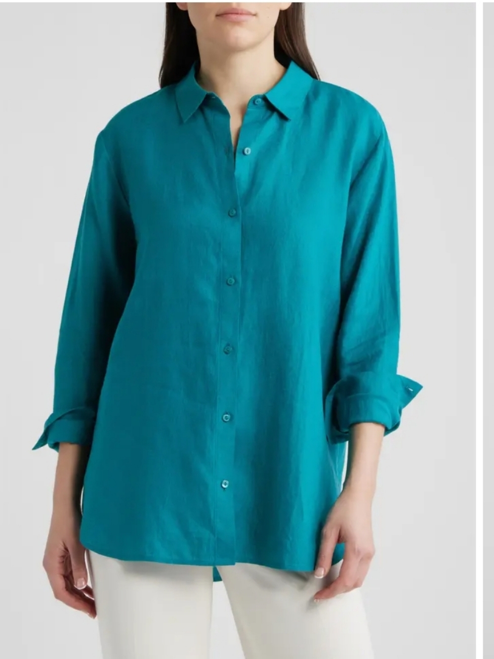 Eileen Fisher Classic Collar Organic Linen Long Button-Up Shirt